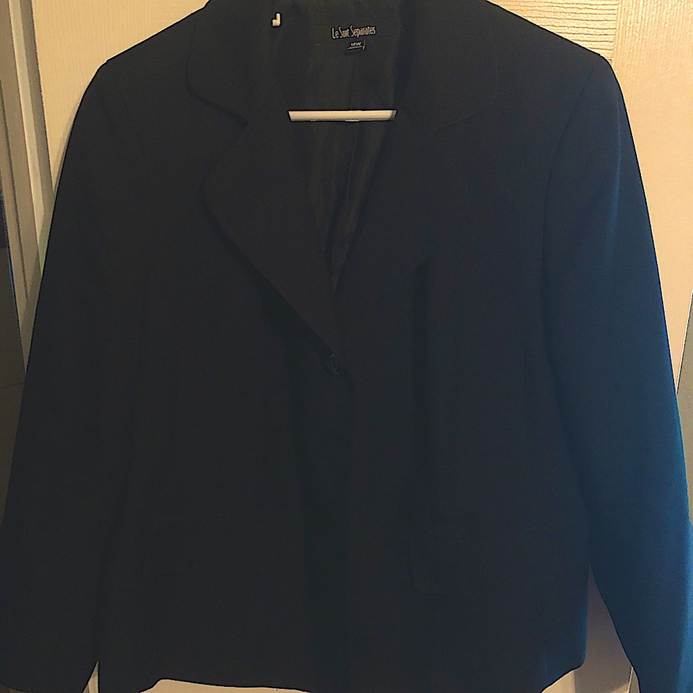 Basic black blazer. Falls slightly below the waist. No stretch.